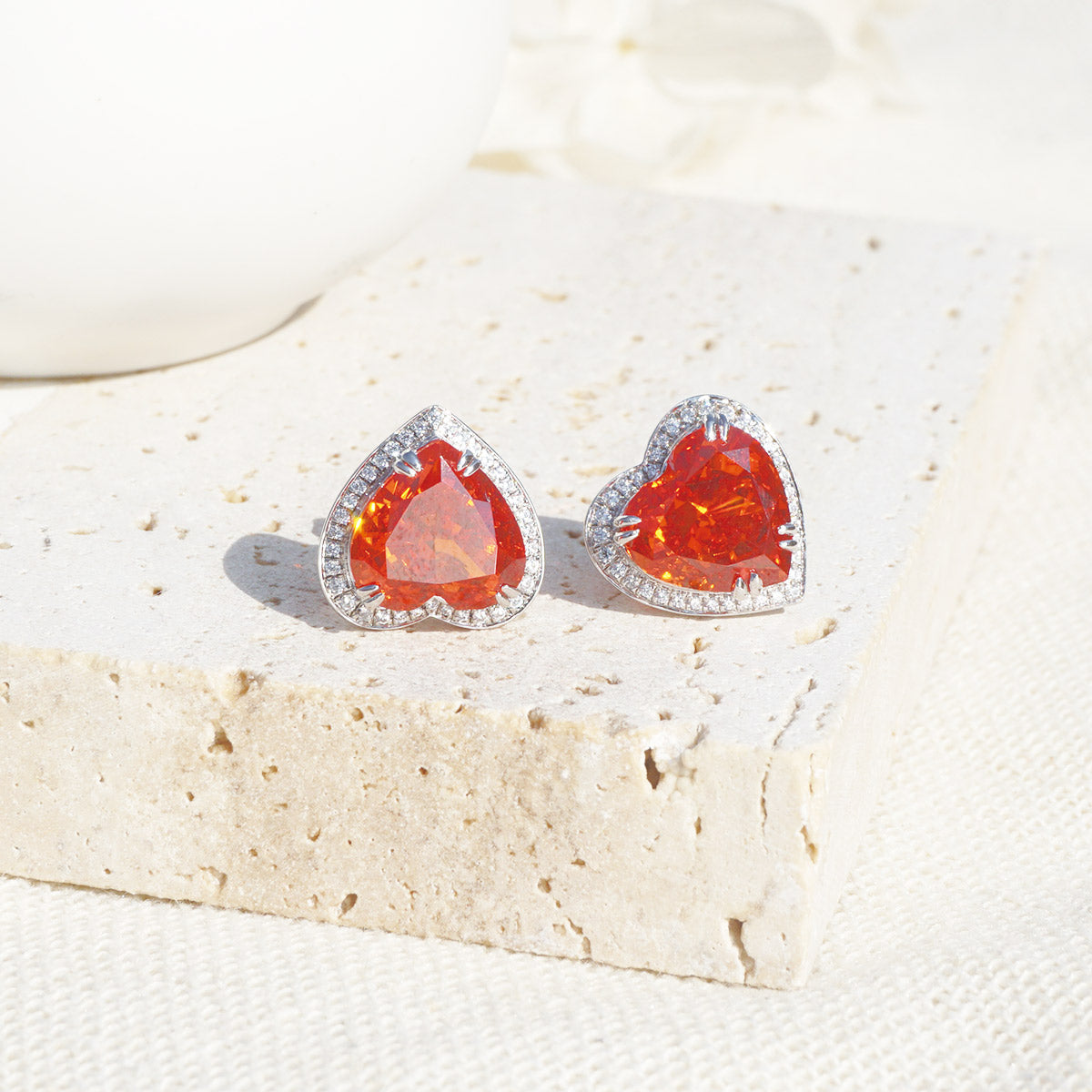White Gold Plating Heart Shape Ruby Gem Full Stones Stud Earrings