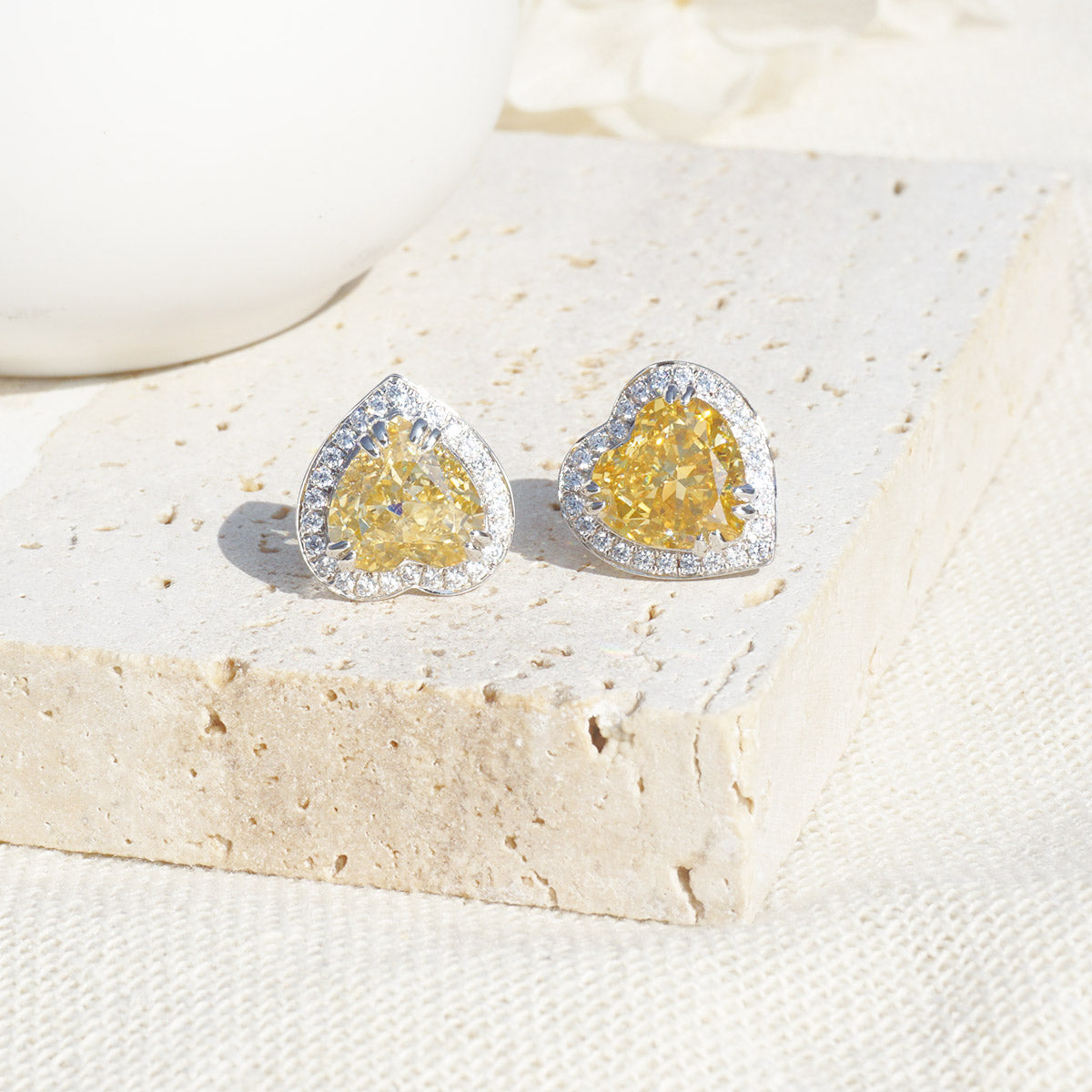 White Gold Plating Heart Shape Yellow Sapphire Full Stones Stud Earrings