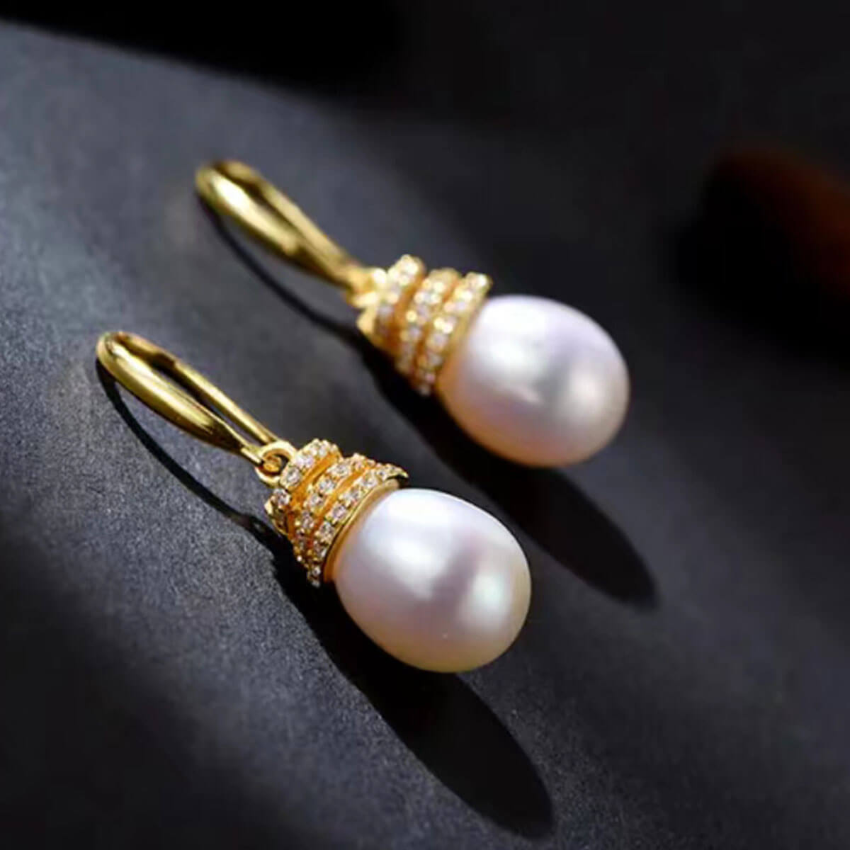 Golden Full Stones Organic Oval Pearl Dangle Earrings