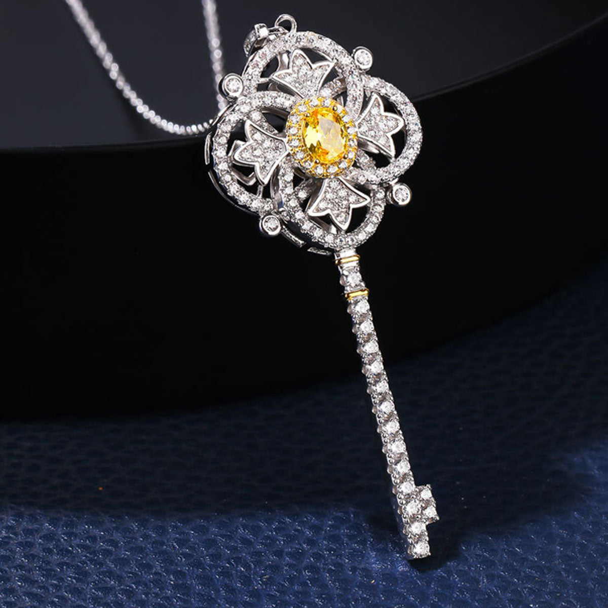 Sterling Silver Yellow Sapphire Four-leaf Clover Key Shape Necklace Pendant