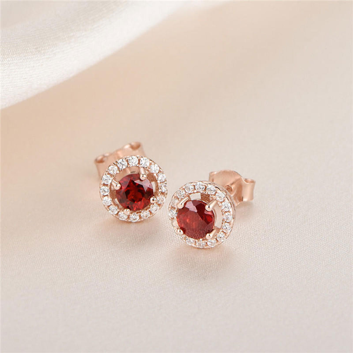 Rose Gold Ruby Gem Full Stones Circle Stud Earrings